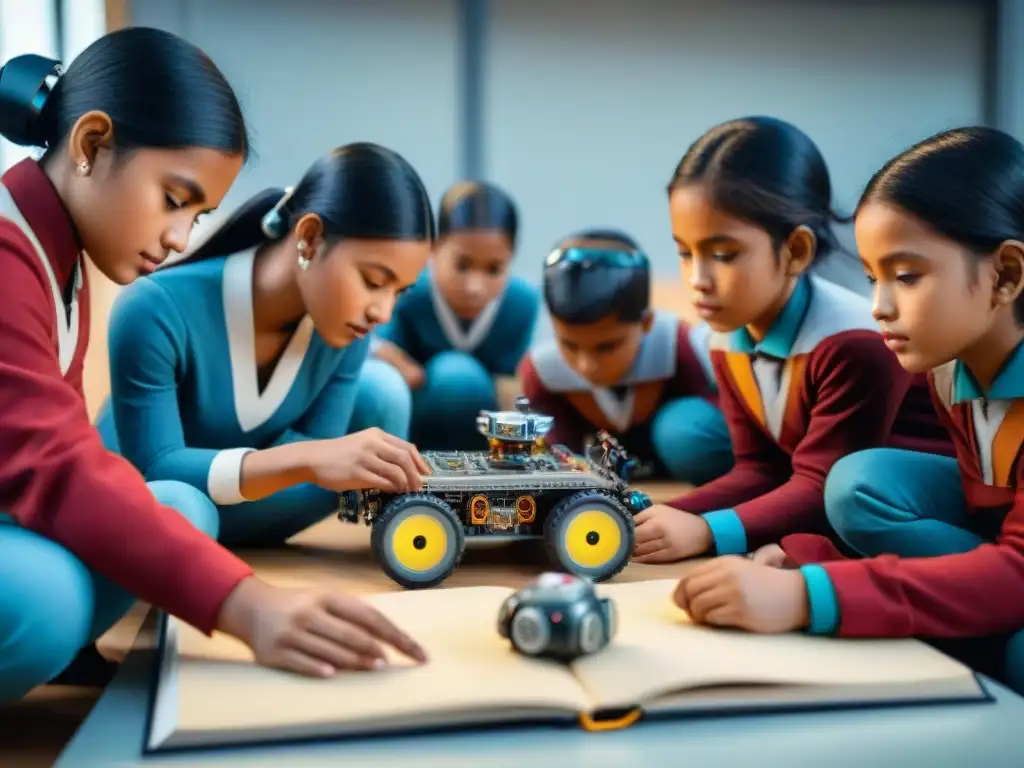 Un taller de robótica educativa en escuelas indígenas: niños en trajes tradicionales asombrados y determinados construyendo robots