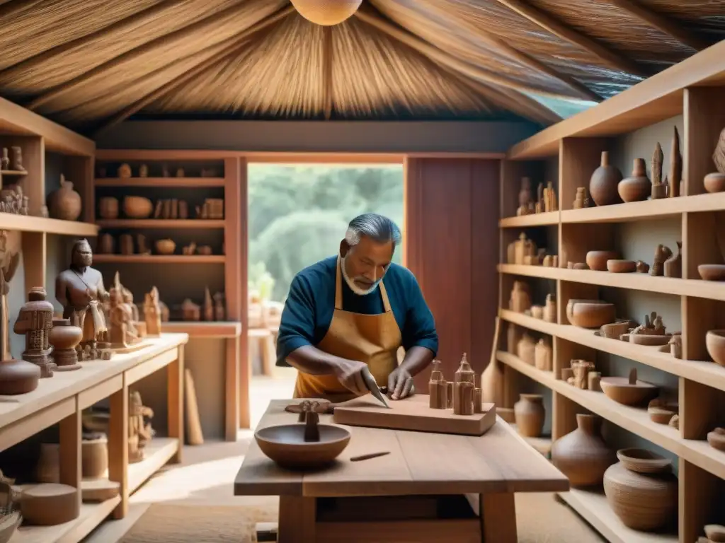 Un taller de escultura de madera indígena, iluminado por luz natural