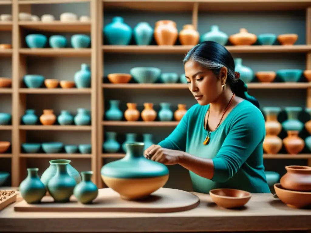 Un taller tradicional de cerámica indígena, con artesanos creando piezas intrincadas rodeados de alfarería colorida