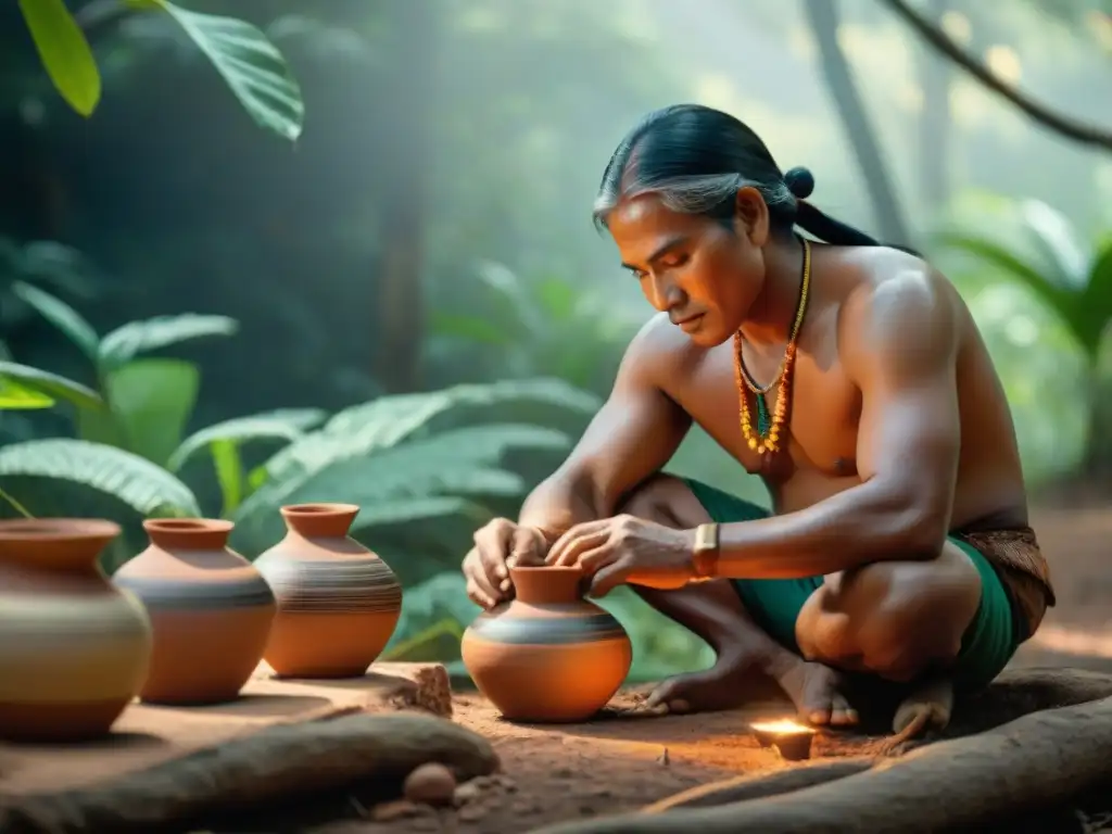 Artesanos indígenas creando cerámica tradicional en la selva Talleres vivenciales artesanías indígenas: Artesanos creando cerámica tradicional en el bosque