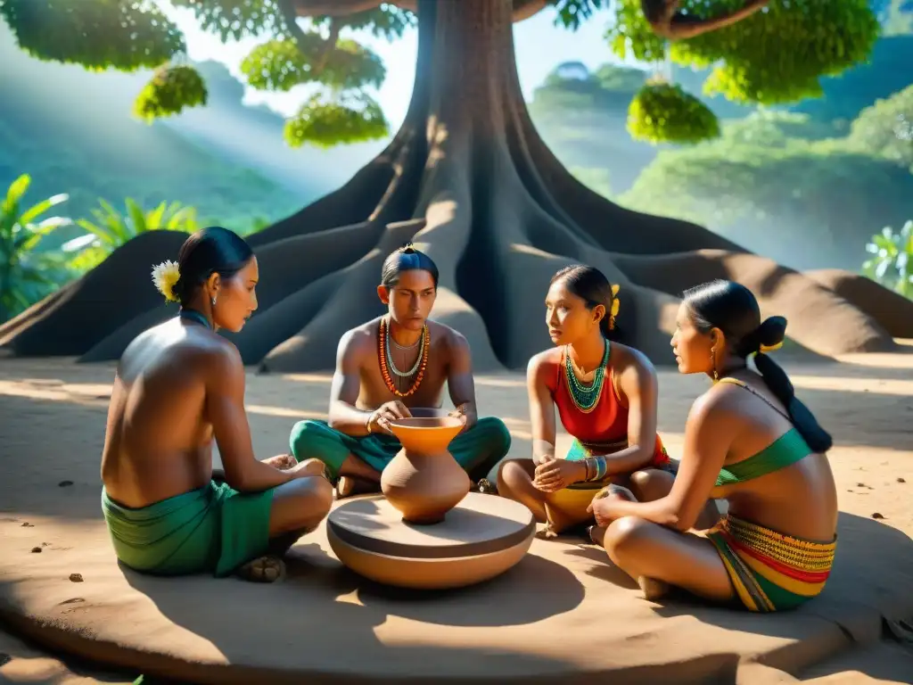 Artesanos indígenas creando en la selva Talleres vivenciales de artesanías indígenas bajo ceiba centenaria en la selva