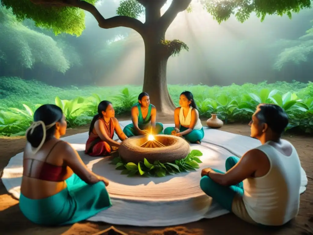 Artesanos indígenas: tradición y comunidad en la naturaleza Talleres vivenciales de artesanías indígenas: Artesanos creando en círculo bajo un árbol, inmersos en colores y tradición