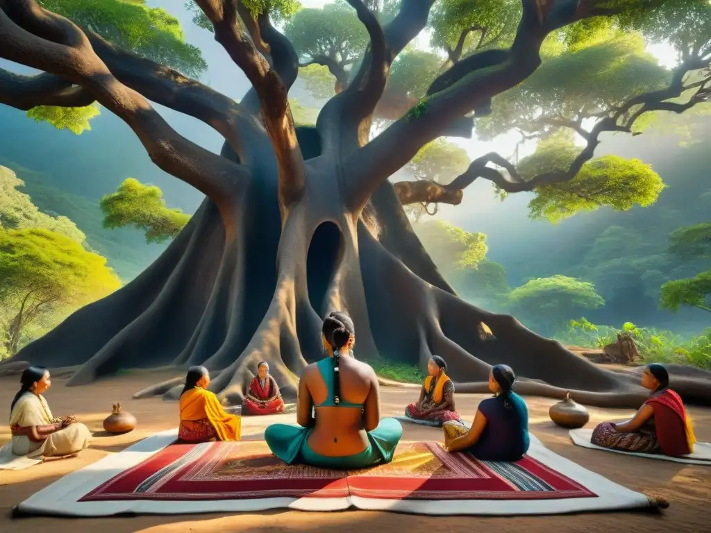 Artesanos indígenas tejiendo bajo un árbol centenario Talleres vivenciales artesanías indígenas: Artesanos tejedores crean coloridas obras bajo un árbol centenario