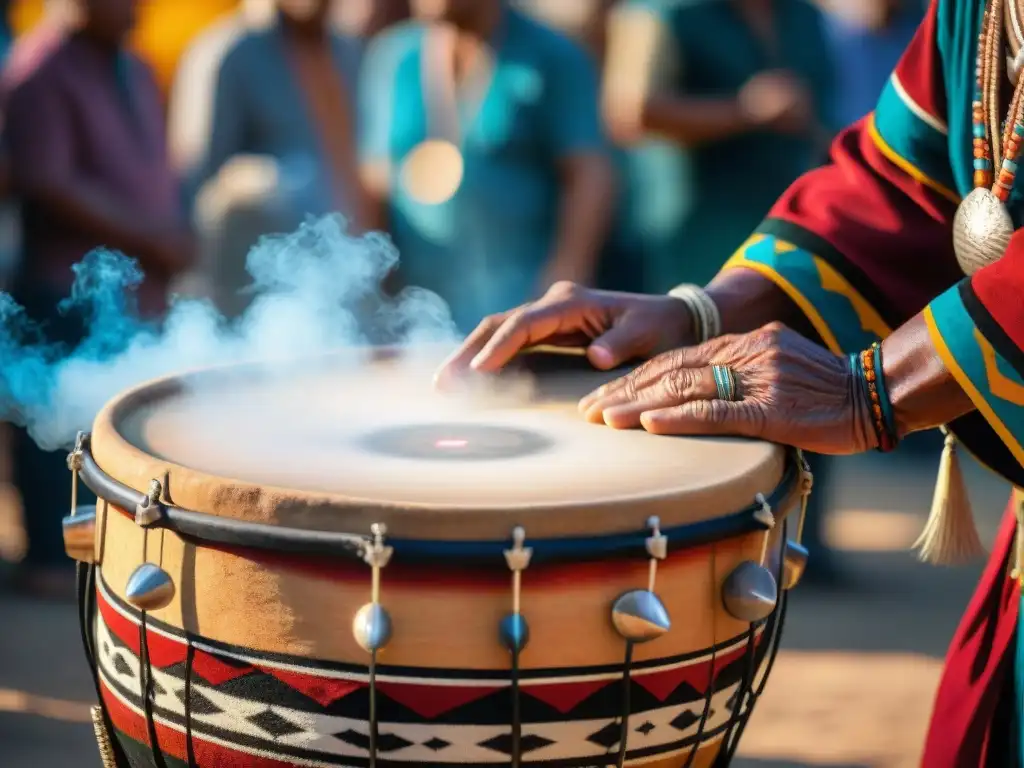 Un tambor sagrado indígena vibrante de significado ancestral, tocado con devoción en una ceremonia