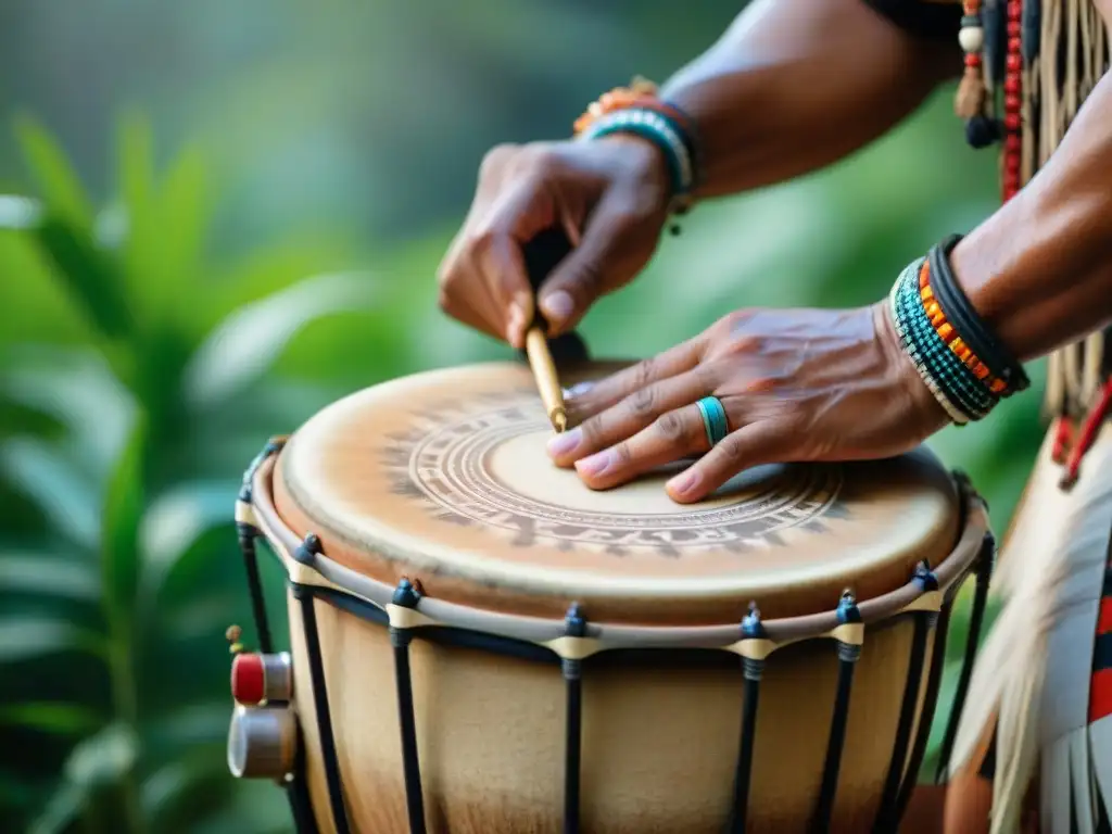 Un tambor indígena tallado con colores vibrantes es tocado con destreza, envuelto en la riqueza cultural de la poesía y la música