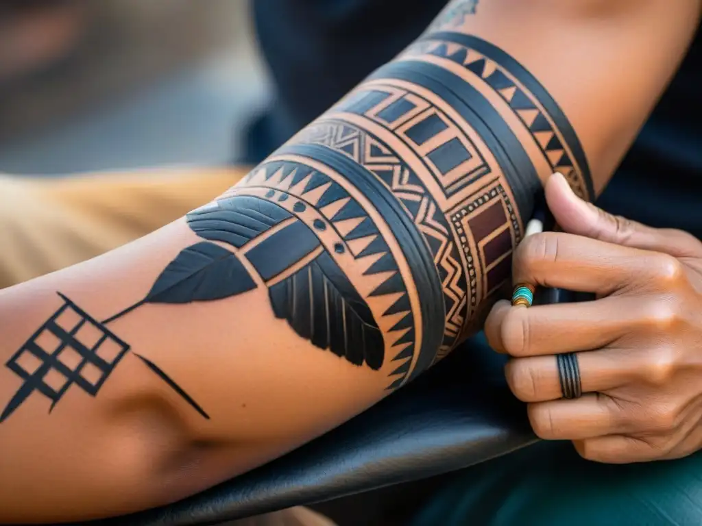 Un tatuador indígena crea un diseño ancestral en la piel de un cliente, rodeados de elementos culturales