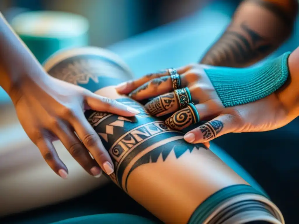 Un tatuador con raíces en la cultura indígena crea un diseño intrincado inspirado en Aztecas o Mayas en la piel de alguien