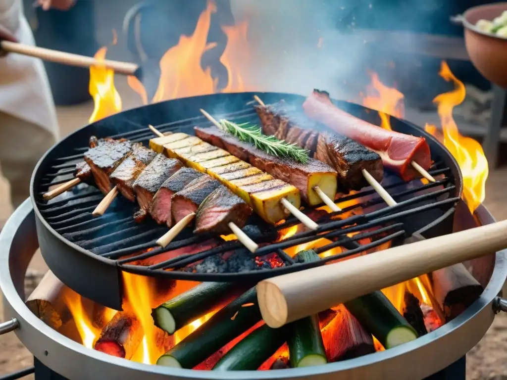 Técnicas ancestrales cocina al aire: Asado sudamericano con variedad de carnes sobre fuego de leña, chefs expertos y atmósfera auténtica