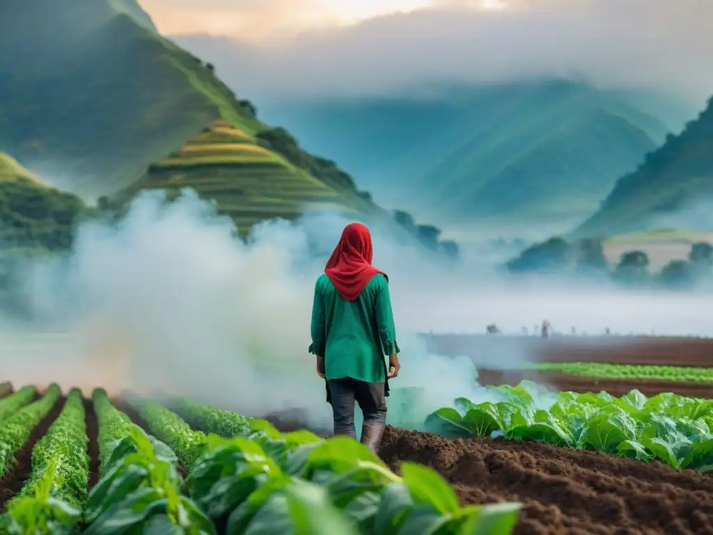 Siembra indígena con tecnología GPS: Agricultores tradicionales con indumentaria colorida usando equipos modernos en un campo verde exuberante