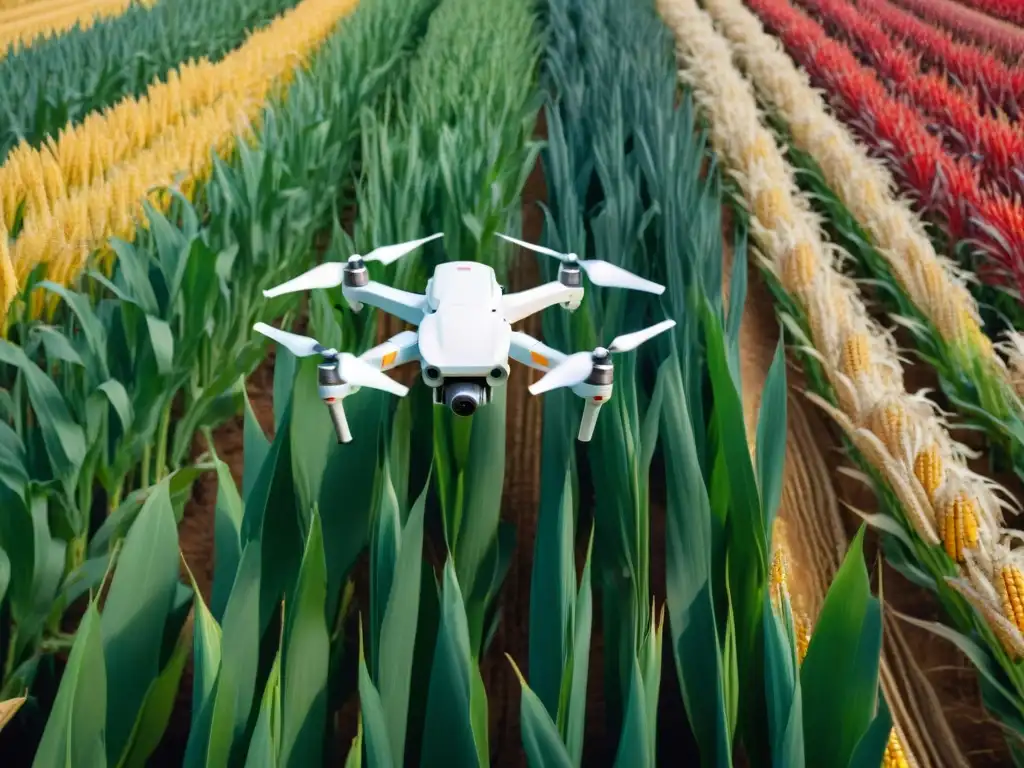 Tecnología moderna rescata métodos ancestrales: dron agrícola y campesino cosechando maíz en campo vibrante