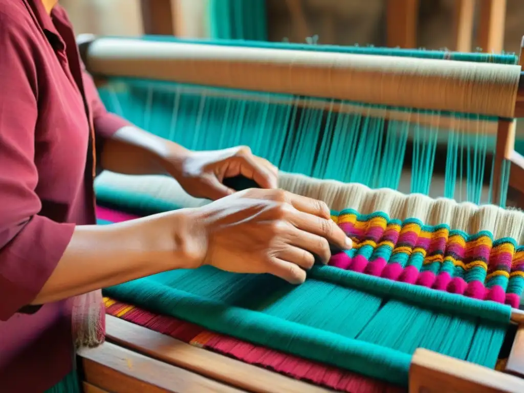 Un tejedor Zapoteca experto crea un textil tradicional en telar de madera, resaltando la filosofía detrás textiles Zapotecas ancestral
