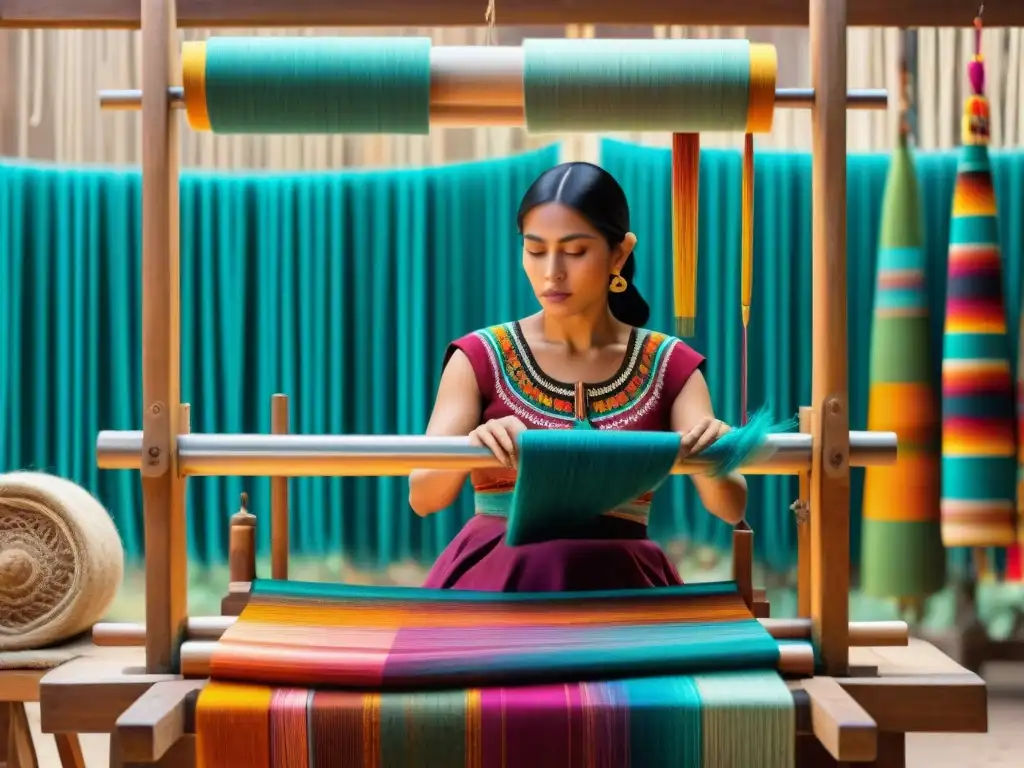 Un tejedor Zapoteca crea un patrón vibrante en telar de madera, reflejando la filosofía detrás textiles Zapotecas ancestral