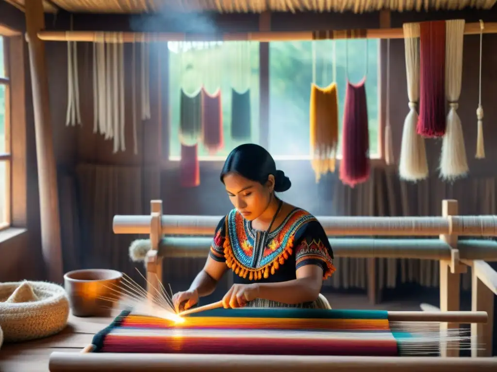 Una tejedora indígena crea un intrincado textil en telar de madera, rodeada de colores y símbolos únicos