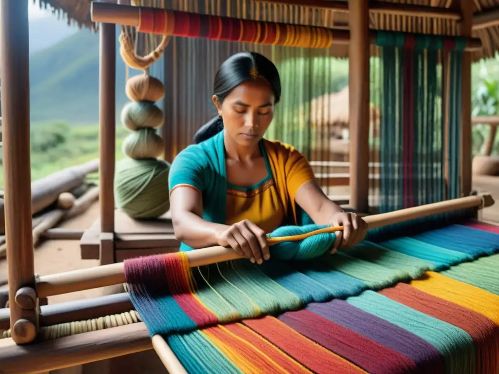 Tejedora indígena preserva tecnología textiles en una cabaña con hilos de colores vibrantes