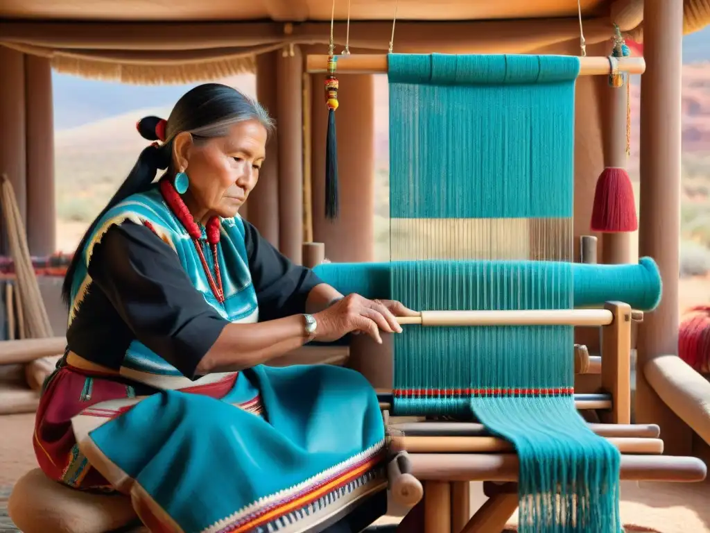 Una tejedora Navajo con larga melena negra y joyas de turquesa teje meticulosamente en un telar de madera tradicional, rodeada de hilos de colores