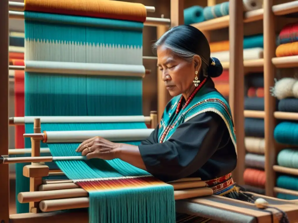 Hábil tejedora Navaja creando un vibrante textil en telar de madera tradicional