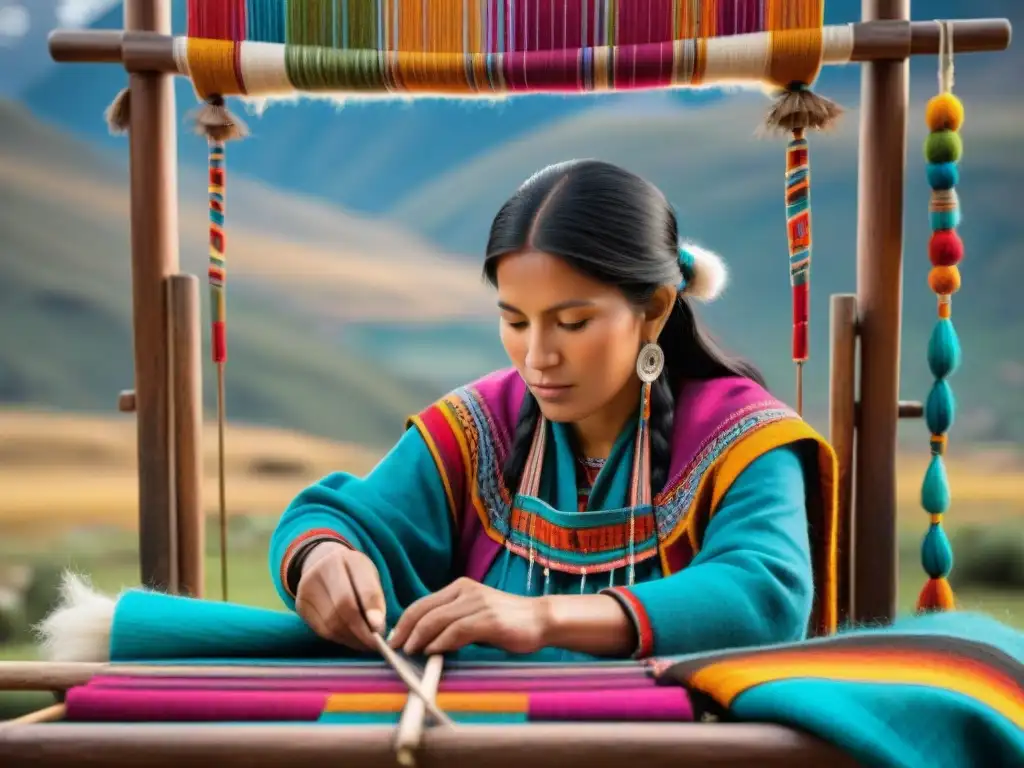 Una tejedora Quechua de los Andes crea textiles indígenas con destreza en un telar de madera, rodeada de lana y patrones coloridos