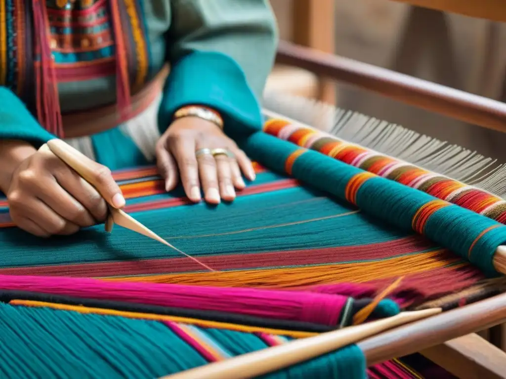 Tejido andino detallado en proceso con iconografía textil en telar de madera rústico