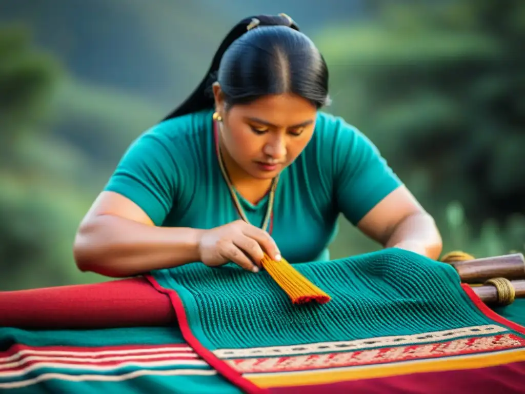 Hábil tejido Mapuche con colores vibrantes y patrones tradicionales, reflejando el rico Lenguaje de textiles Mapuches