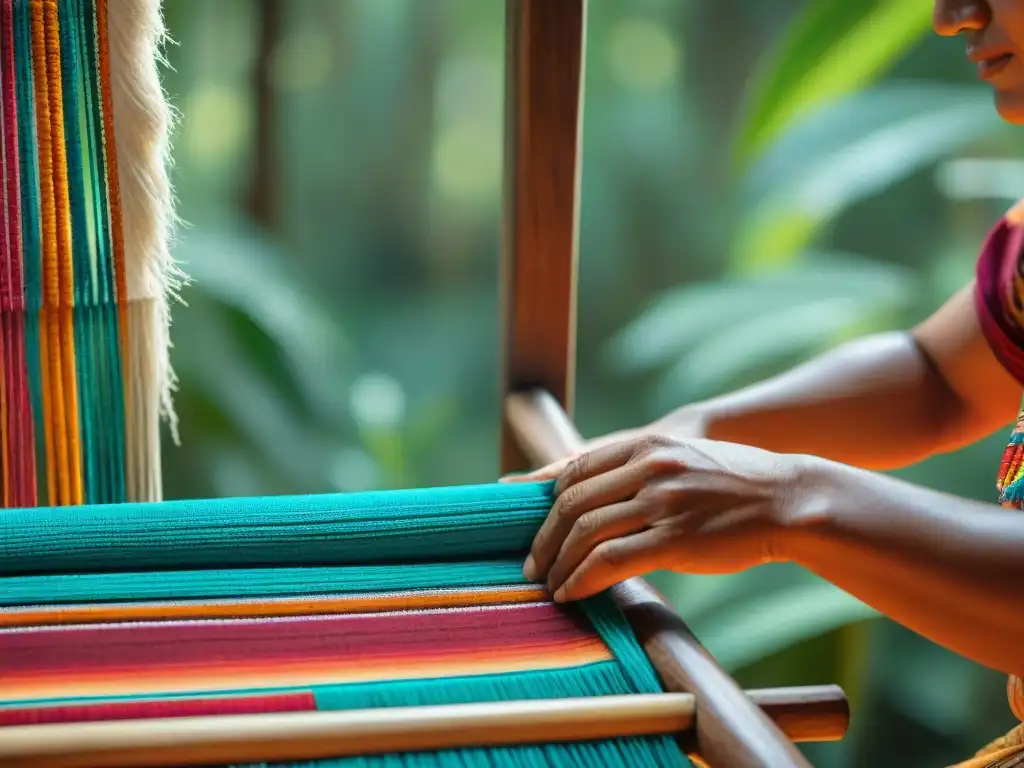 Un tejido maya tradicional se teje en un telar de madera, mostrando los vibrantes colores y patrones intrincados