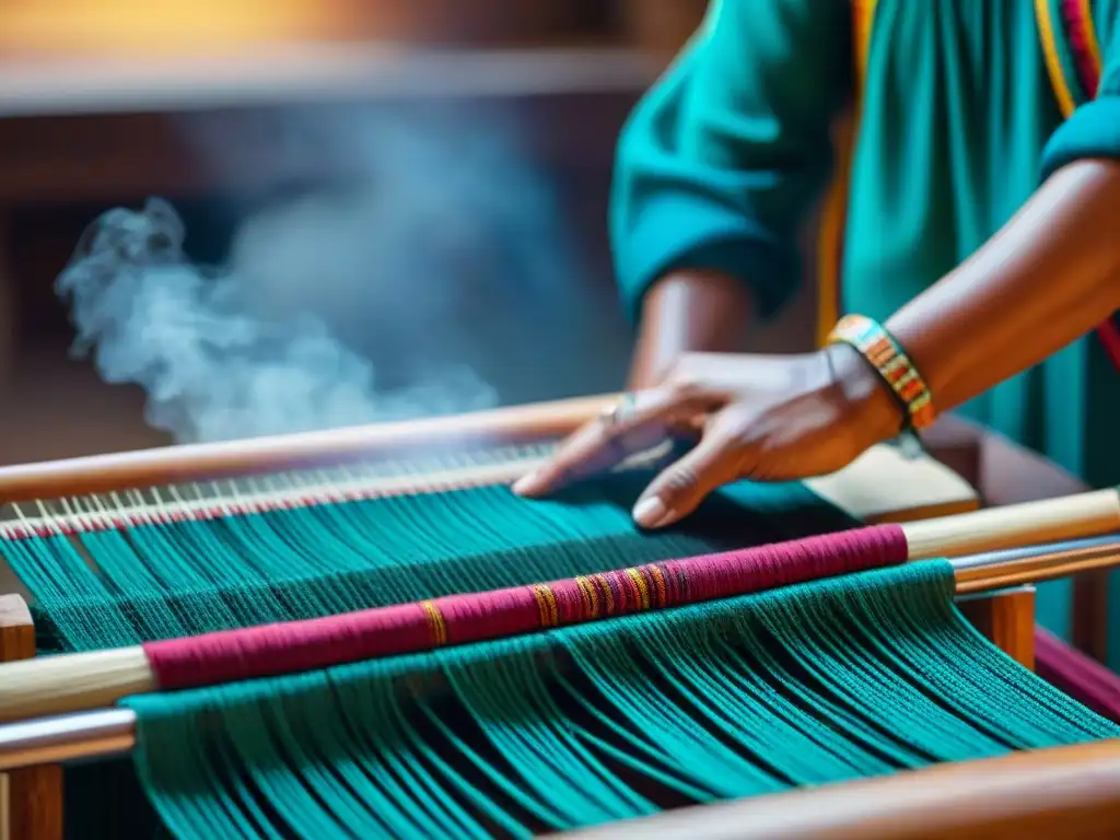 Tejido de textiles indígenas de alta costura con patrones vibrantes y colores ricos, entretejidos con destreza en telar tradicional