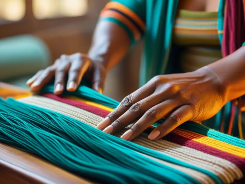 Tejido tradicional indígena en proceso, manos hábiles creando patrones vibrantes