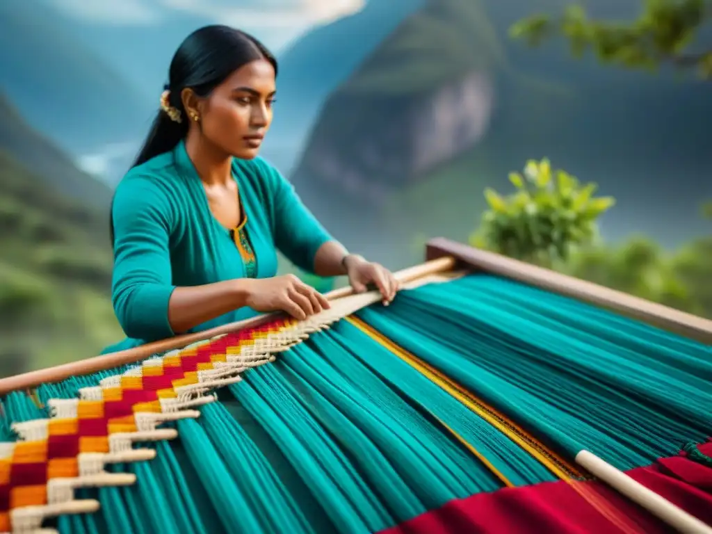 Un tejido indígena vibrante y detallado se entreteje con habilidad en un telar tradicional, rodeado de elementos naturales