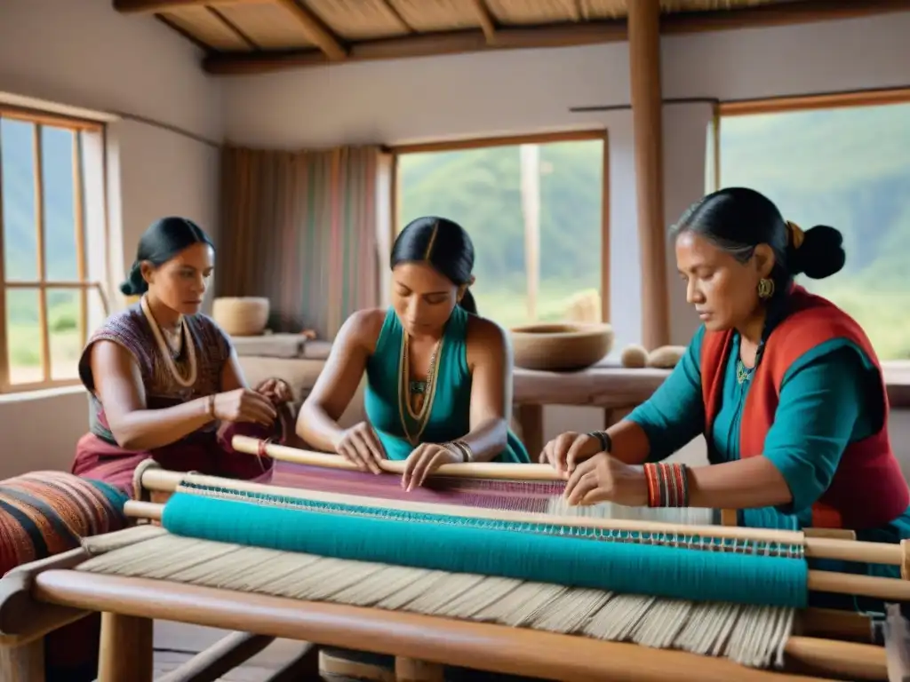 Tejidos indígenas: artesanos tejiendo patrones intrincados en telar de madera, innovación y tradición en una escena llena de color y luz natural