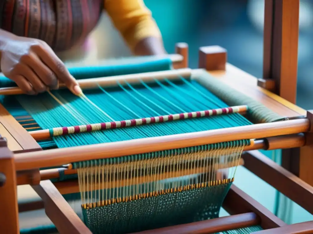 Tejidos indígenas: manos expertas entrelazan hilos vibrantes en telar de madera, fusionando innovación y tradición