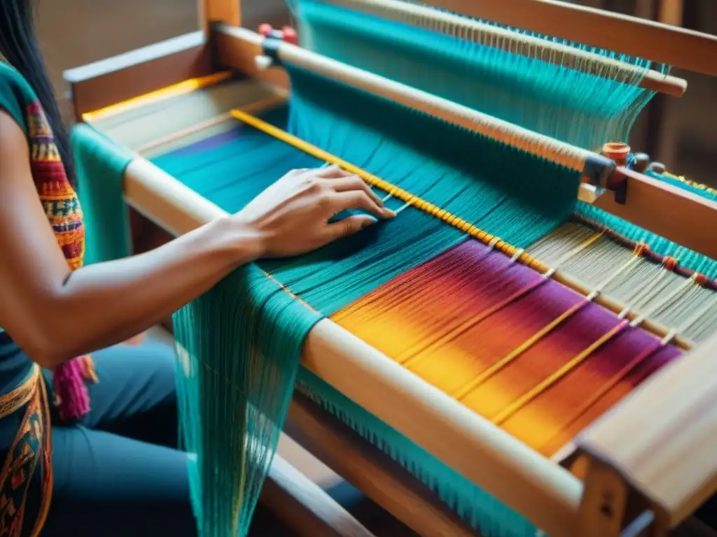 Un telar tradicional indígena en acción, mostrando una obra de arte artesanal con hilos y patrones coloridos, bañado en luz natural