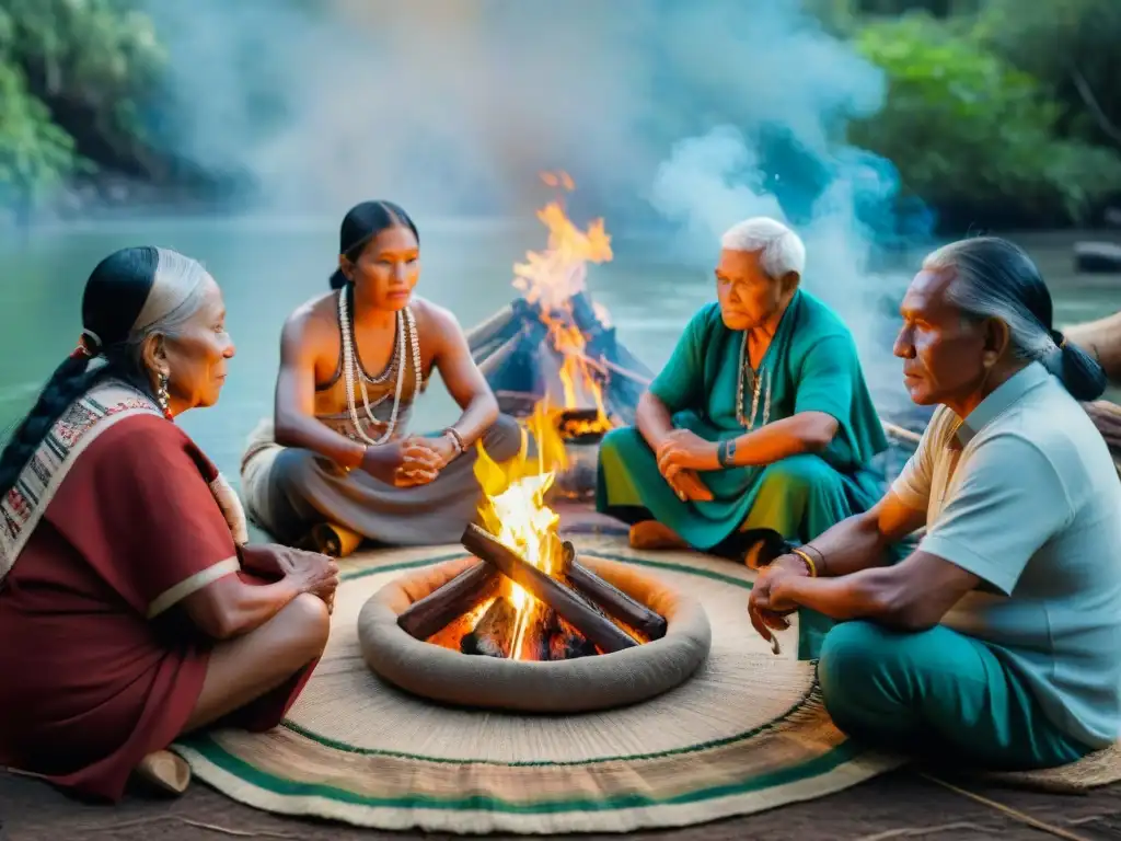 Telemedicina en comunidades indígenas remotas: Ancianos indígenas consultando a través de tablet alrededor del fuego y textiles tradicionales