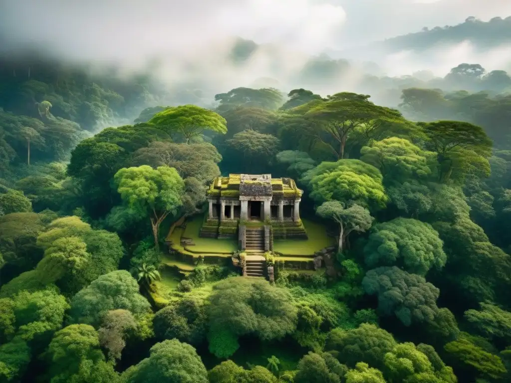 Un templo antiguo en un claro del bosque, rodeado de árboles altos y raíces entrelazadas