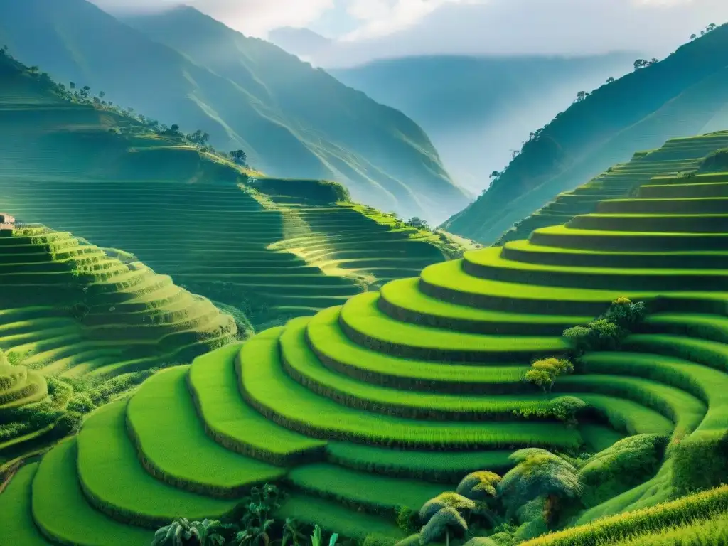 Terrazas agrícolas precolombinas en montaña, cultivos vibrantes en filas