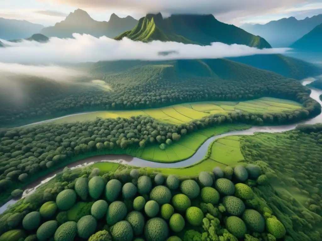 Un territorio indígena protegido visto desde un dron, con exuberantes paisajes verdes y comunidades tradicionales dispersas