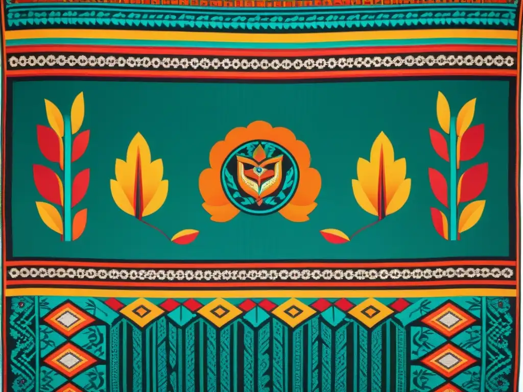 Textil maya con colores vibrantes y patrones geométricos detallados, representando símbolos tradicionales como el quetzal, jaguar y maíz