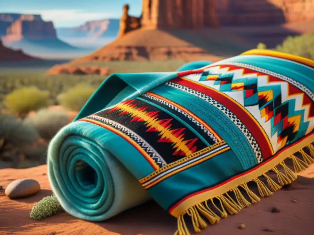 Textil Navajo en desierto de Arizona, con vibrantes colores y patrones geométricos