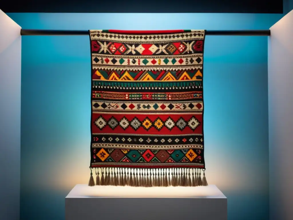 Textil Muisca vibrante en museo, muestra historia, arte y luchas de su pueblo con patrones y símbolos coloridos
