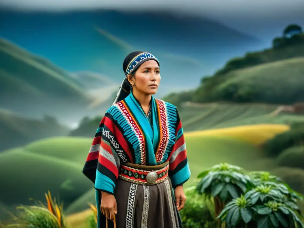 Textiles mapuches en vibrantes colores y patrones, exhibidos entre exuberante vegetación