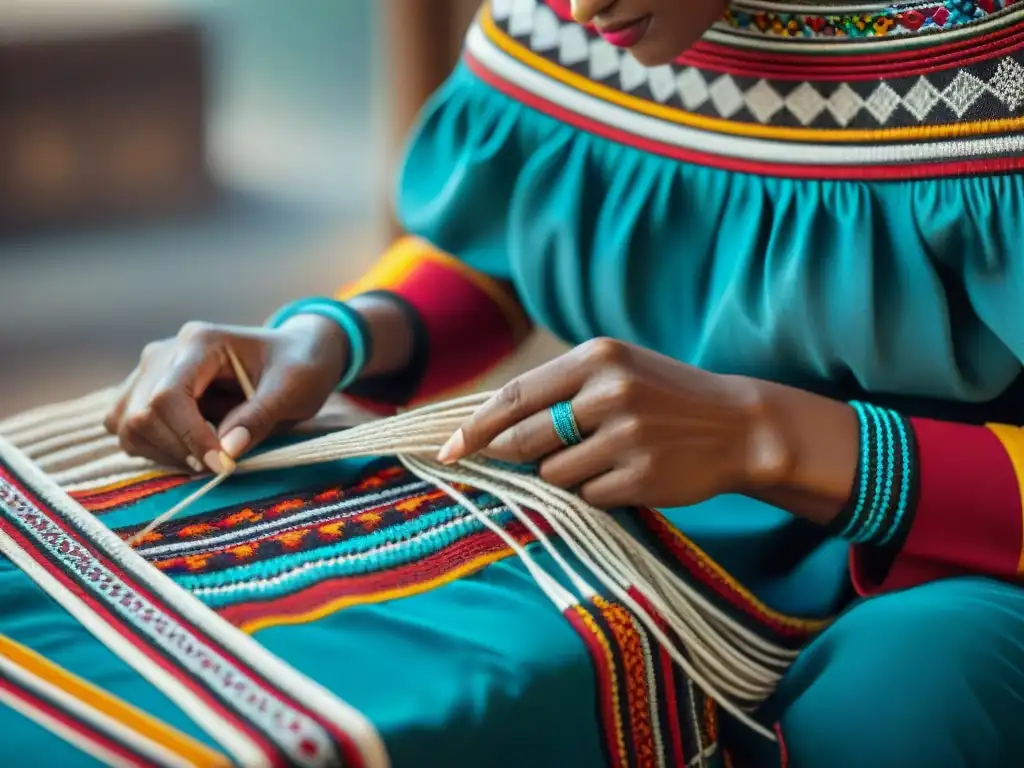 Un indígena hábil teje textiles tradicionales vibrantes, reflejando la moda indígena expresión contemporánea
