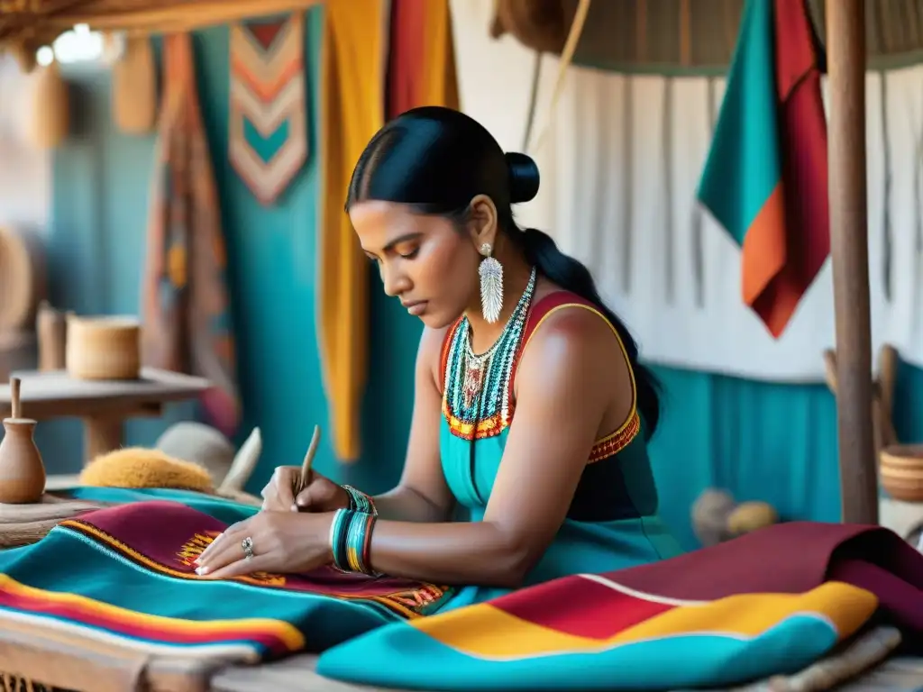 Tiendas online apoyo comunidades indígenas: Artesanos crean textiles tradicionales coloridos en mercado vibrante