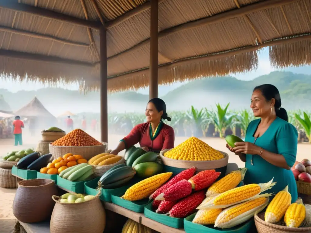 Tiendas online arte indígena: Mercado bullicioso con ingredientes coloridos y vendedores indígenas en un ambiente auténtico y vibrante