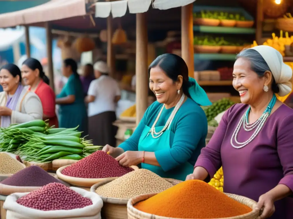 Tiendas online cocina indígena revivida: Mujeres indígenas vendiendo ingredientes coloridos en un mercado vibrante