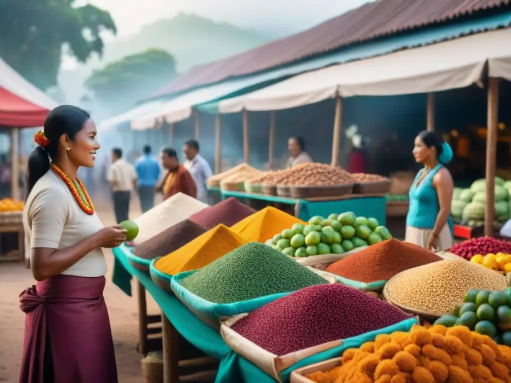 Tiendas online gastronomía indígena: Mercado vibrante con ingredientes tradicionales y vendedores en trajes típicos