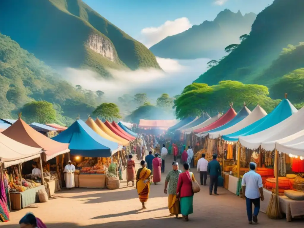 Tiendas online productos indígenas auténticos: Escena vibrante de mercado indígena con colores, artesanías y gente diversa