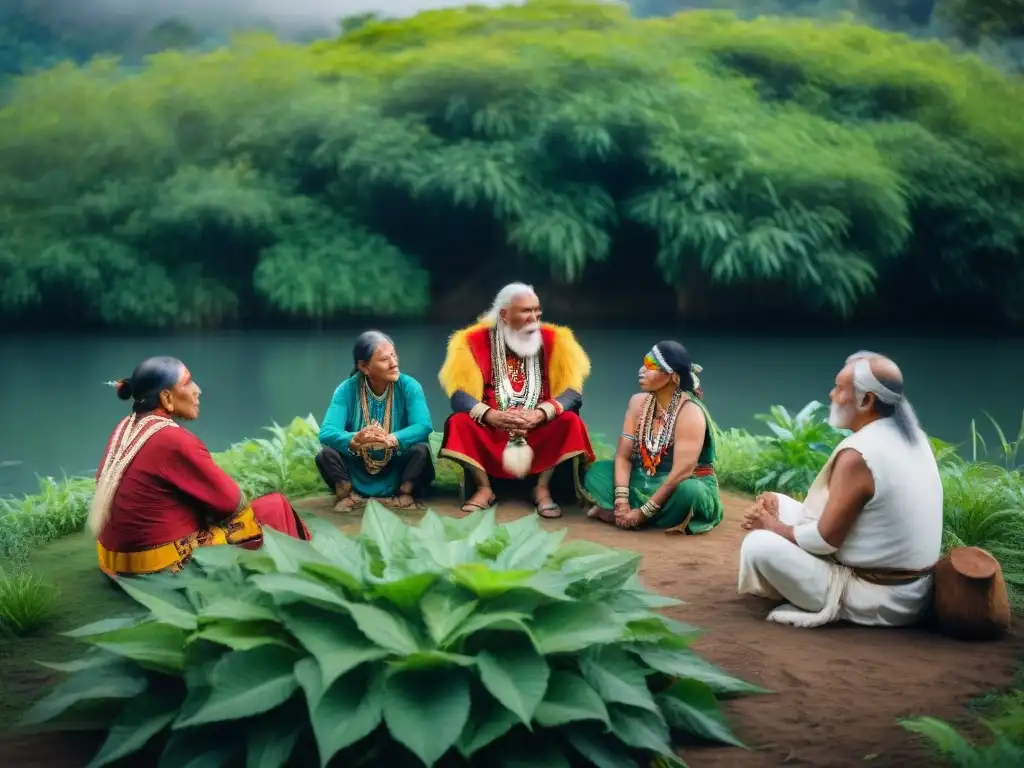 Visión indígena de interconexión con la Tierra: ancianos en ritual ceremonial entre naturaleza exuberante y vida silvestre diversa