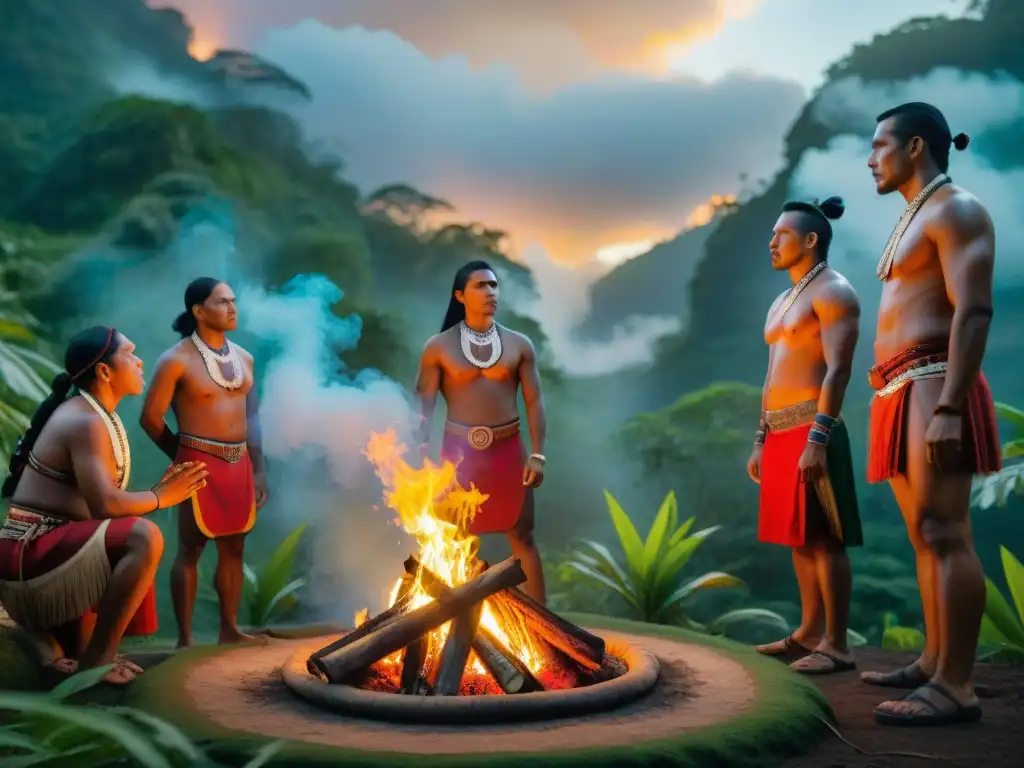 Conexión tierra-hombre culturas indígenas: Líderes tribales reunidos alrededor del fuego sagrado en la selva