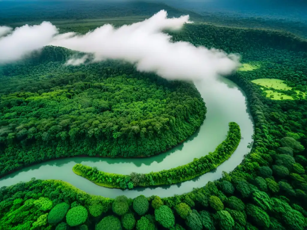 Conservación de tierras sagradas: vista aérea de selva verde, ríos serpenteantes y comunidades indígenas en armonía con la naturaleza