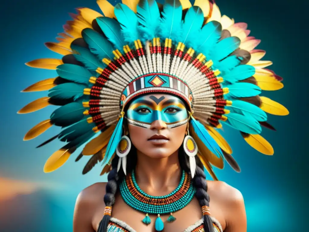 Un tocado azteca vibrante con plumas de colores representando el significado de la vida y la espiritualidad en la cultura azteca