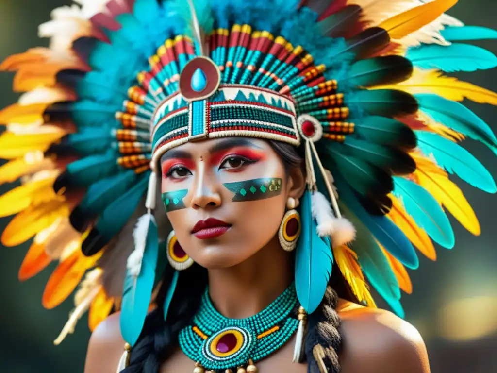 Un tocado azteca vibrante con plumas coloridas y patrones intrincados, simbolizando el significado de los colores en accesorios aztecas