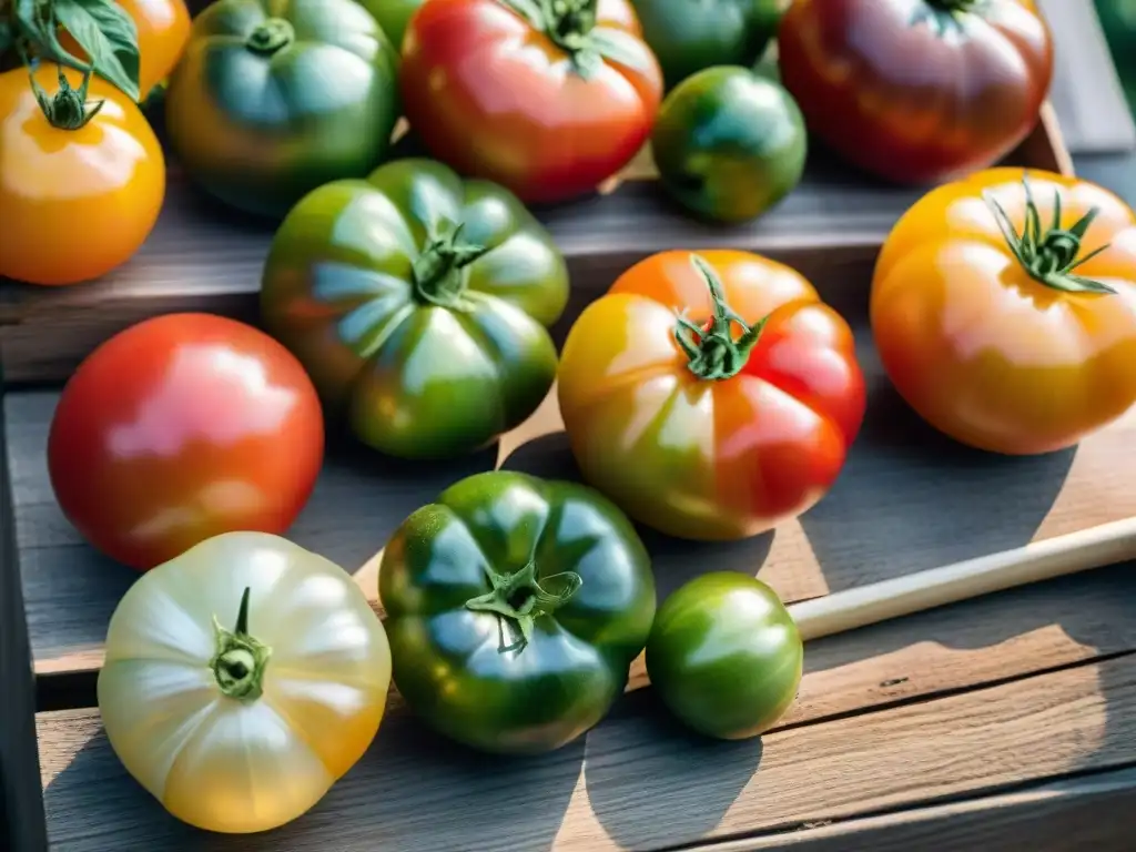 Tomates ancestrales coloridos en puesto de mercado de madera